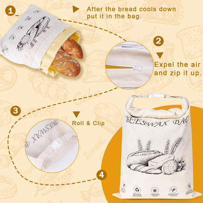 2-Pack Reusable Beeswax Bread Bags for Sourdough & Homemade Bread，Cotton Waxed Bags Keeps Fresh Longer(Ivory Loaf)