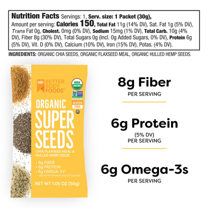 BetterBody Foods Superfood Organic Super Seeds - Blend of Organic Chia Seeds, Milled Flax Seed, Hemp Hearts, 1.05 oz packets (Pack of 24)
