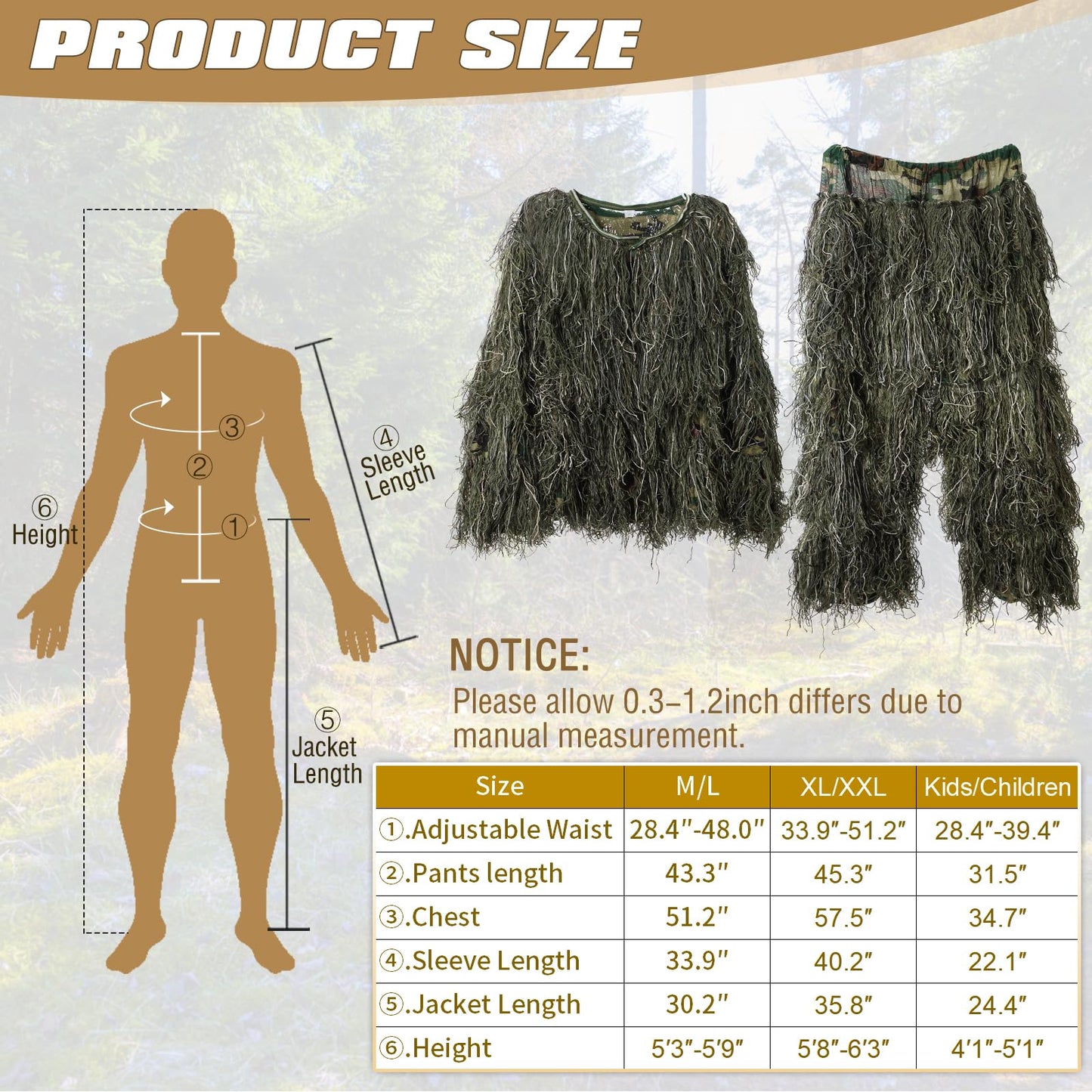 Ghillie Suit for Men, 5 in 1 Ghillie Suit Superior Camo Hunting Clothes for Men/Kids/Youth Hunters, Military, Sniper Airsoft and Paintball