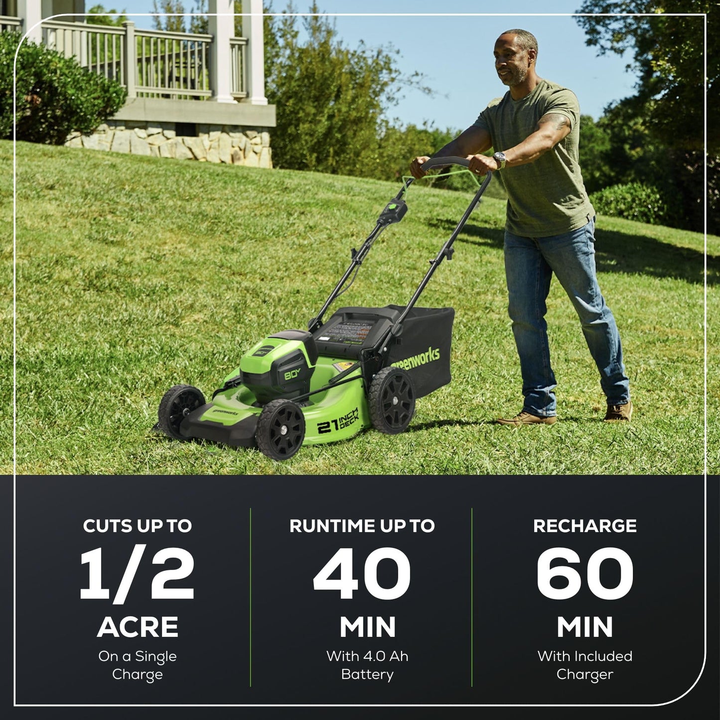 Greenworks 80V 21" Brushless Cordless (Push) Lawn Mower (75+ Compatible Tools), 4.0Ah Battery and 60 Minute Rapid Charger Included