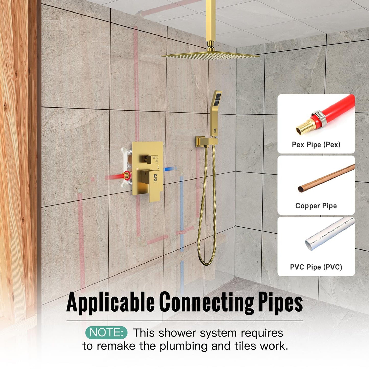 SR SUN RISE 12 Inch Ceiling Mounted Shower System Rain Mixer Shower Combo Set Rainfall Shower Head System Brushed Gold Shower Faucet Trim Repair Kits with Shower Rough-in Valve Body and Trim