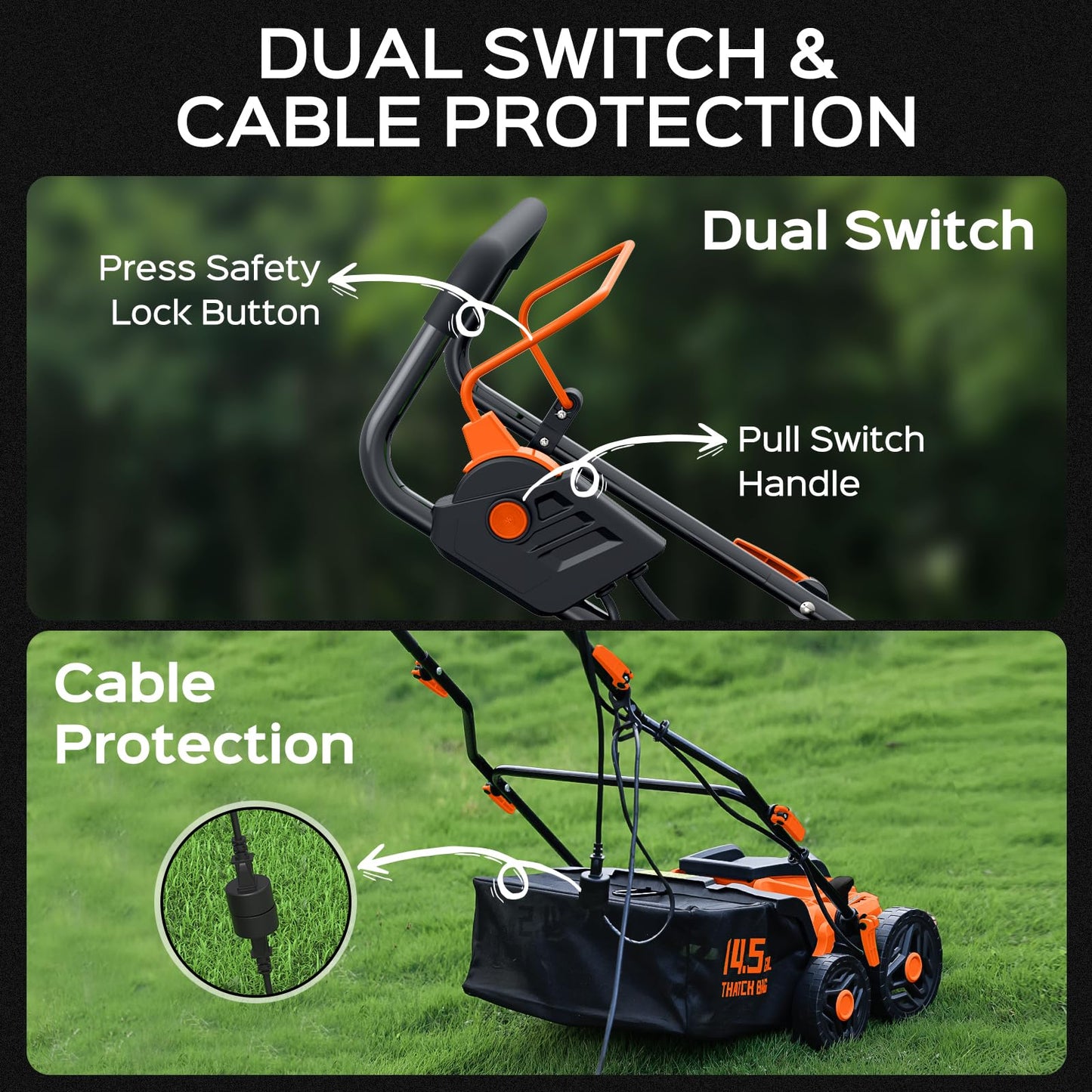 TIECTOWN 16-Inch 15.5 Amp 2-in-1 Electric Dethatcher and Scarifier with 14.5-Gallon Removable Thatch Collection Bag, Lawn Dethatcher with 5-Position Adjustment, Quick-Fold, Keeps Lawn Healthy - Orange