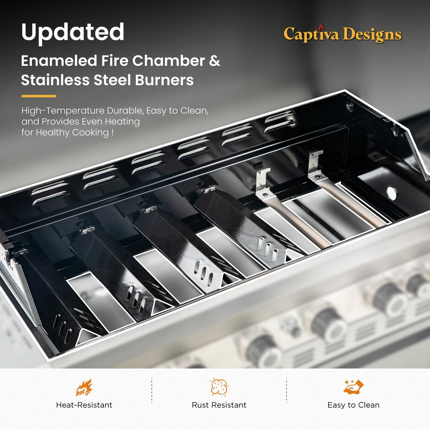 Captiva Designs 6-Burner Propane Gas BBQ Grill with Side Burner & Porcelain-Enameled Cast Iron Grate and Plate for Outdoor Barbucue Events, 52,000 BTU Output,740 SQ.IN. Cooking Area，Heavy Duty