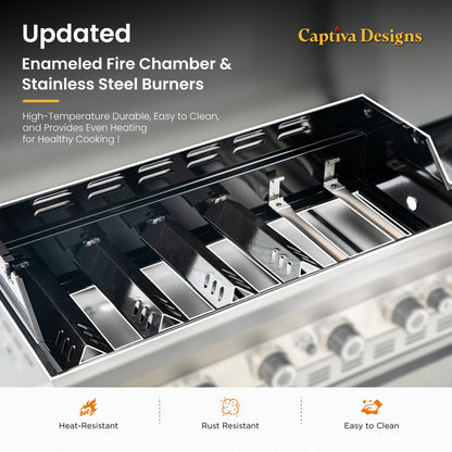 Captiva Designs 6-Burner Propane Gas BBQ Grill with Side Burner & Porcelain-Enameled Cast Iron Grate and Plate for Outdoor Barbucue Events, 52,000 BTU Output,740 SQ.IN. Cooking Area，Heavy Duty