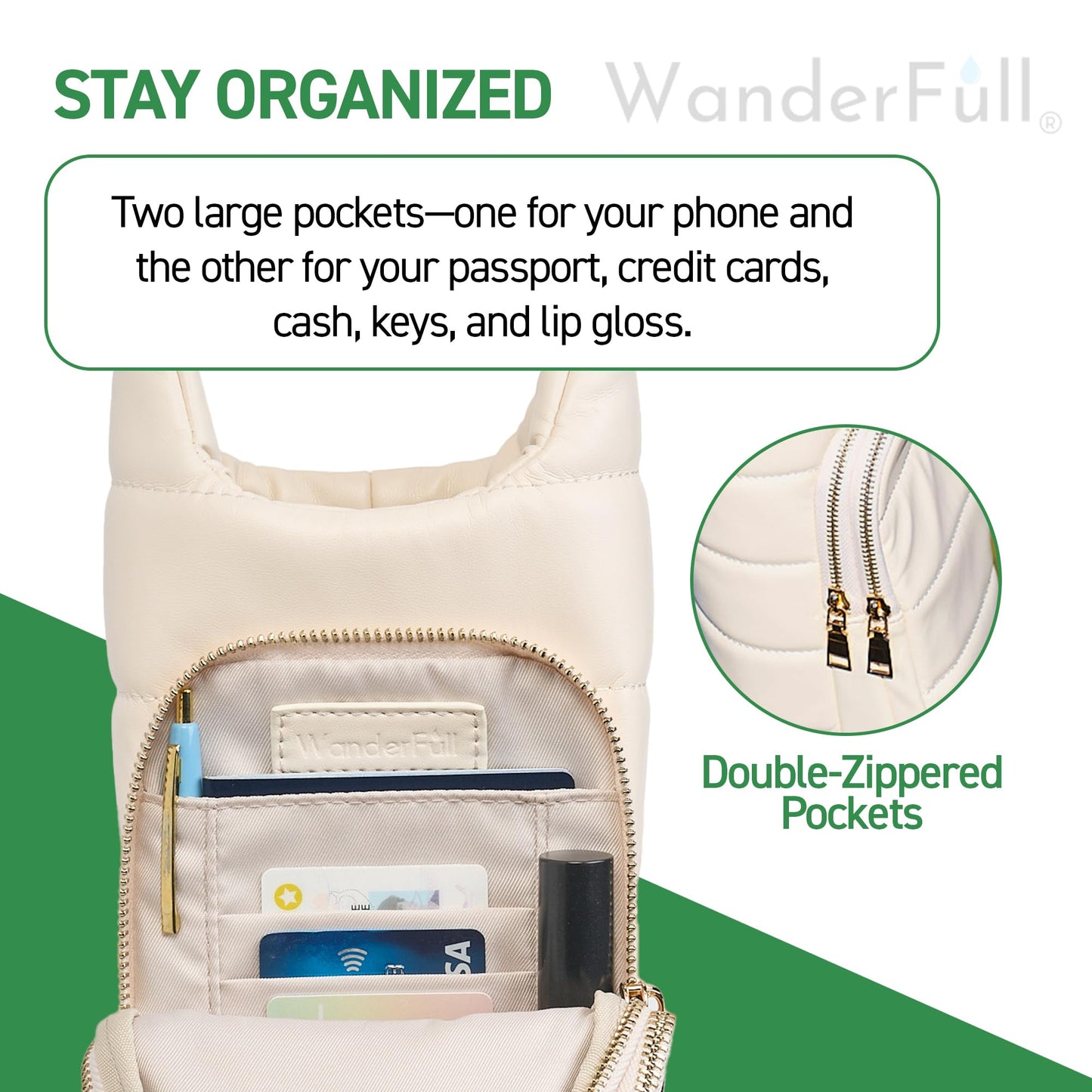 WanderFull Original HydroBag | Oprah’s Favorite Things 2024 | Vegan Leather Water Bottle Holder w/Strap Bundle | Bottle Carrier Crossbody Bag | Carry 32 oz Water Bottle, Tumbler, Phone, Purse | Ivory