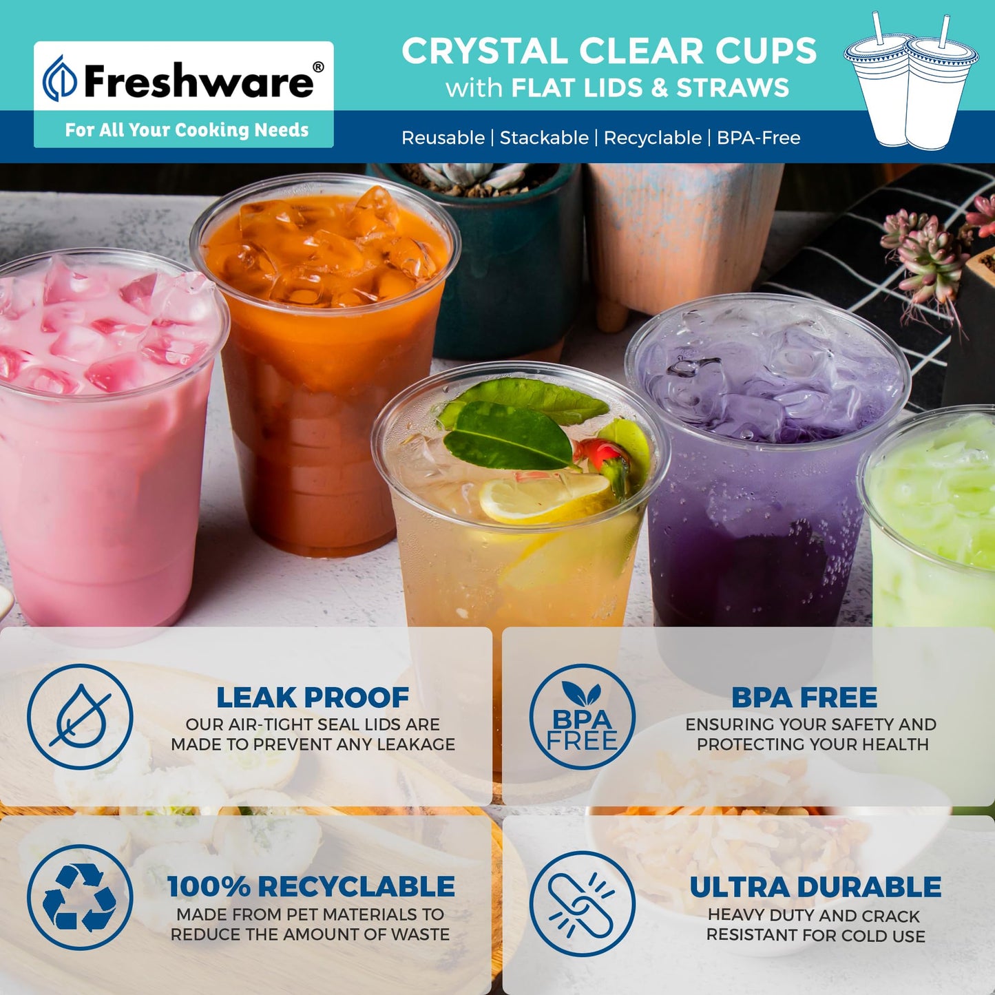 Freshware Clear Plastic Cups with Flat Lids and Straws [100 Cups - 20 oz] Disposable Tumblers for Iced Coffee, Smoothie, Milkshake, Cold Drinks