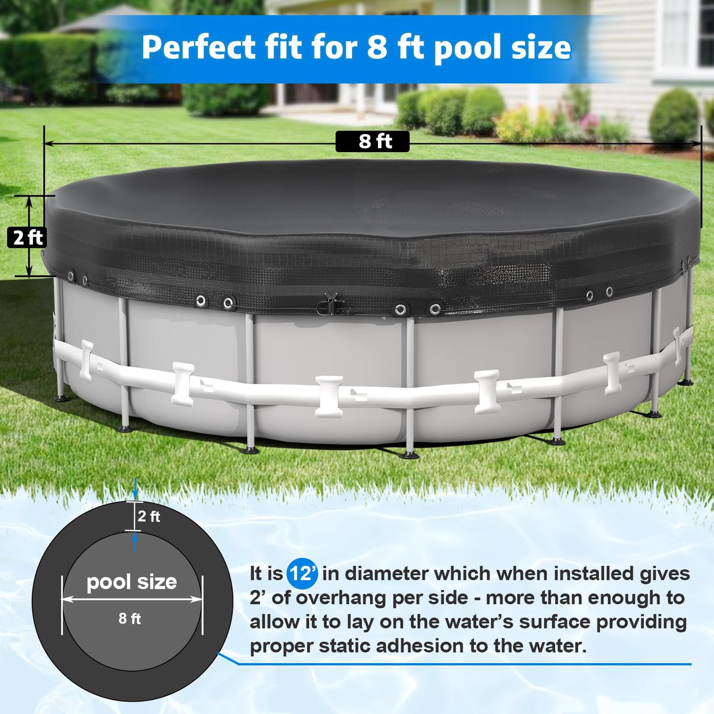 Abimars Thickened Pool Cover for Above Ground Pools, 2025 Upgrade 8ft Round Pool Winter Cover with Winch & Cable, Dual-Coated for UV and Aging Protection, Tear-Resistant Without Stitching, Black