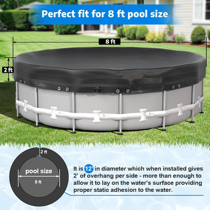 Abimars Thickened Pool Cover for Above Ground Pools, 2025 Upgrade 8ft Round Pool Winter Cover with Winch & Cable, Dual-Coated for UV and Aging Protection, Tear-Resistant Without Stitching, Black