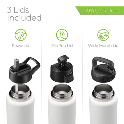 SipX™ Triple-Insulated Stainless Steel Water Bottle 32oz. With 3 Lids, BPA-Free Reusable Insulated Water Bottle Keeps Cold 24 Hours, Metal Water Bottle Made Of Sustainable Material For Hiking & Biking