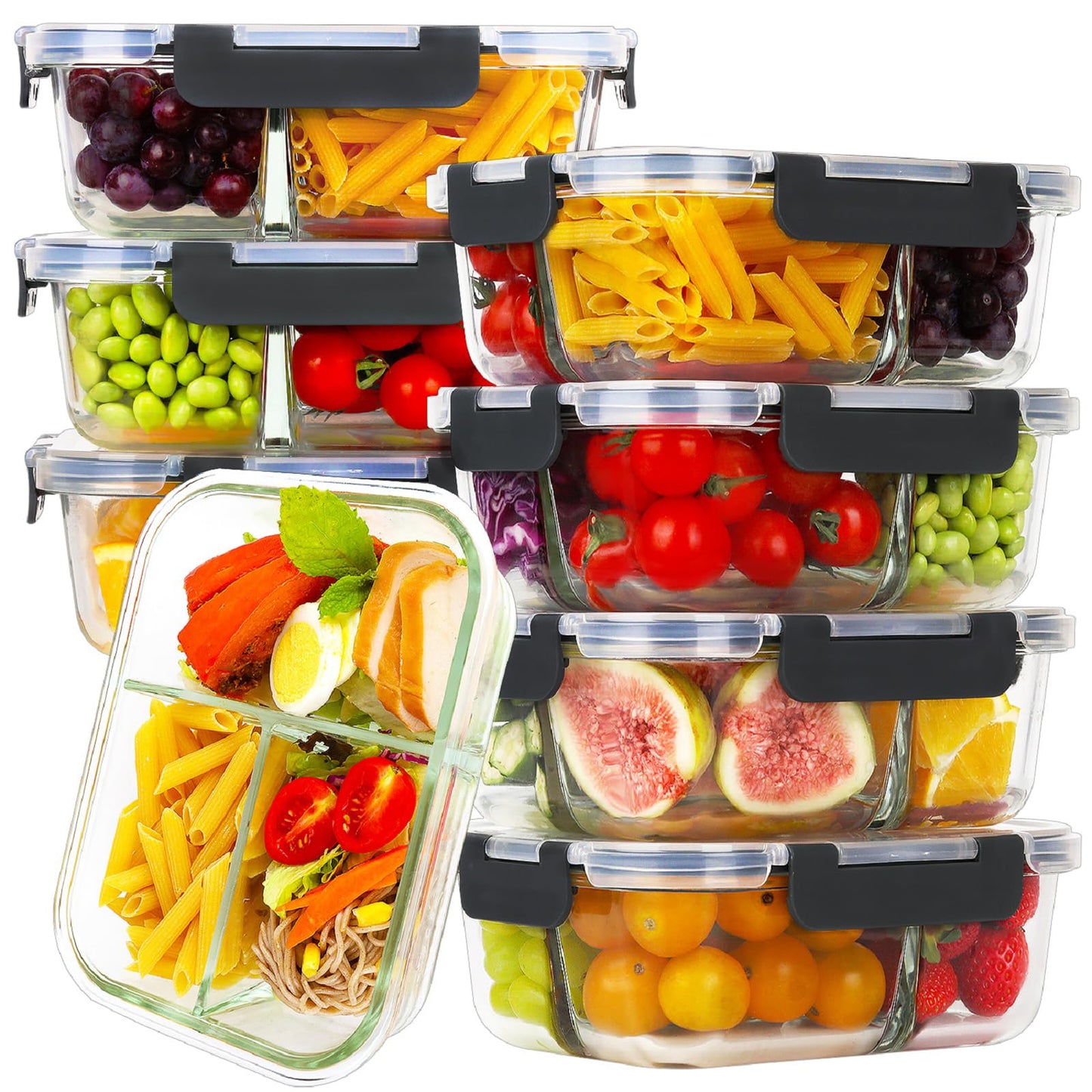 HOMBERKING 8 Pack Glass Meal Prep Containers 3 Compartment, 36oz Glass Food Storage Containers with Lids, Airtight Glass Lunch Bento Boxes, BPA-Free & Leak Proof (8 lids & 8 Containers) - Black