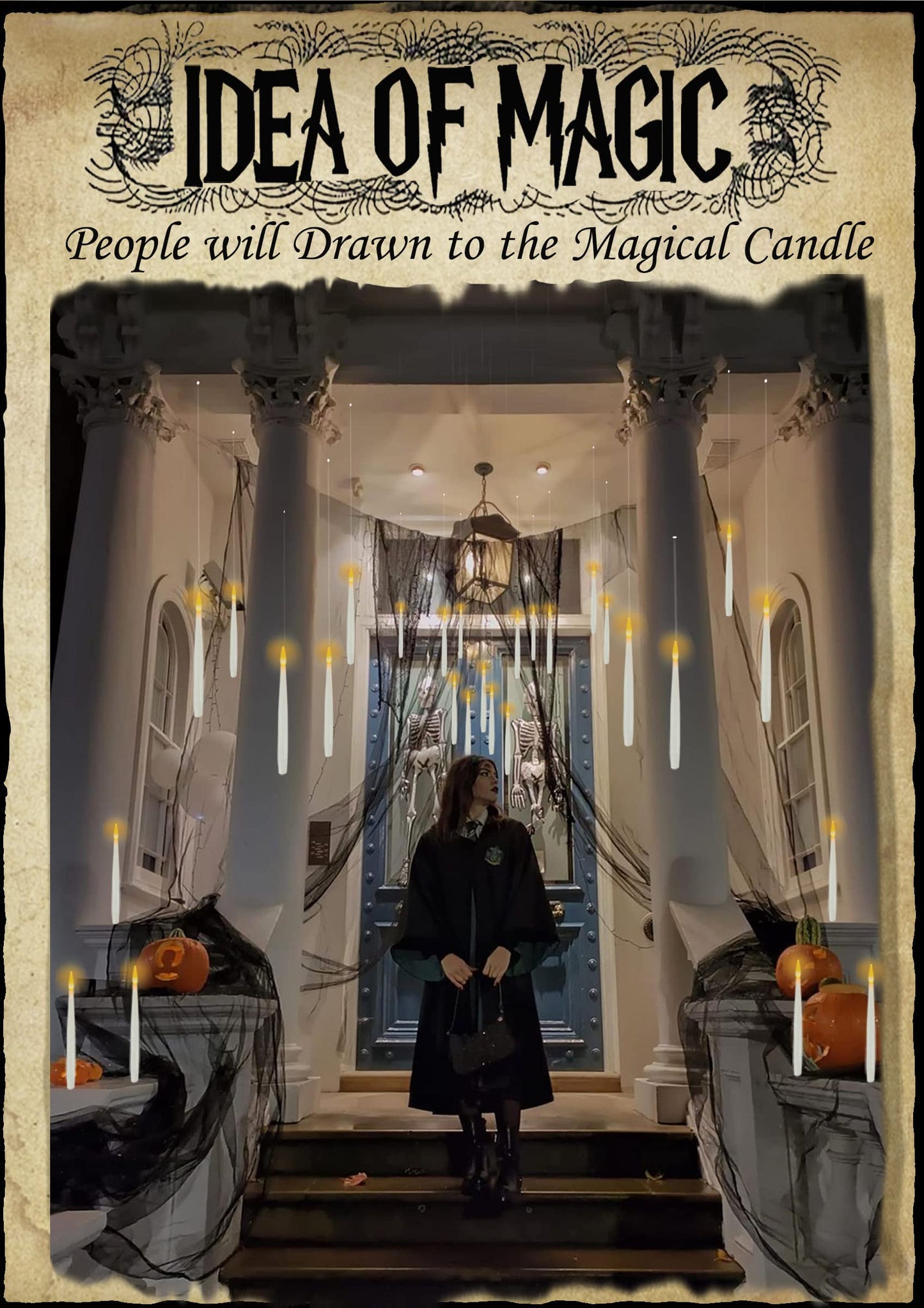 Halloween Decorations, 20 PCs Floating Candles with Wand Magic Hanging Candles, Flickering Warm Light Flameless Floating LED Candle with Wand Remote, Battery Operated Taper Candle Set for Theme Party
