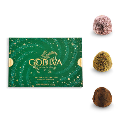 Godiva Holiday Signature Truffle in Green Gift Box, Belgian Dark and Milk Chocolates with Ganache Centers, Gourmet Christmas Gift, Kosher, 15 Pc