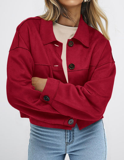 PRETTYGARDEN Women's Faux Suede Cropped Jacket Casual Lightweight Fall Fashion 2026 Winter Coats Outerwear Trendy Clothes (Red,Small)