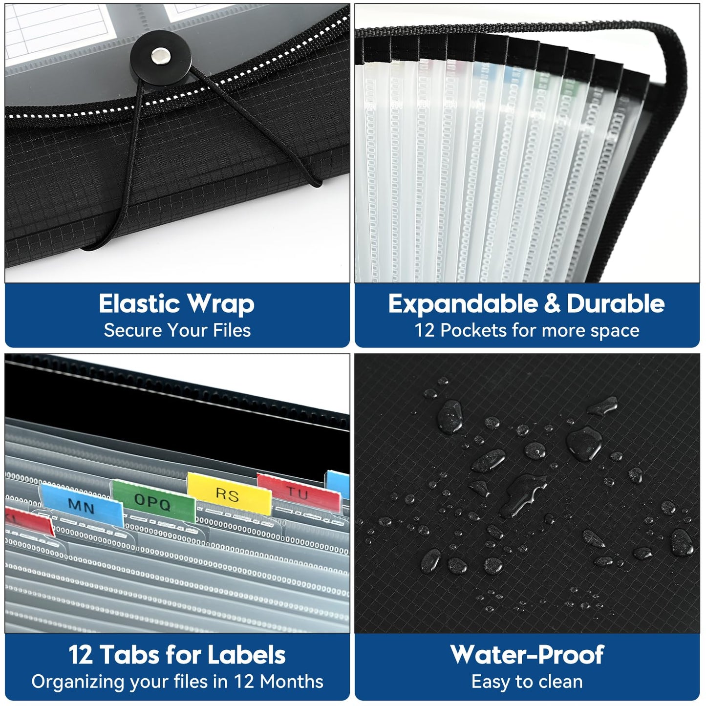 12-Pocket-Expanding File-Folder,Accordion-File-Organizer, A4/US Letter Size Paper Receipt Organizer Accordian Filing Folders (Black-T-12 Pockets)