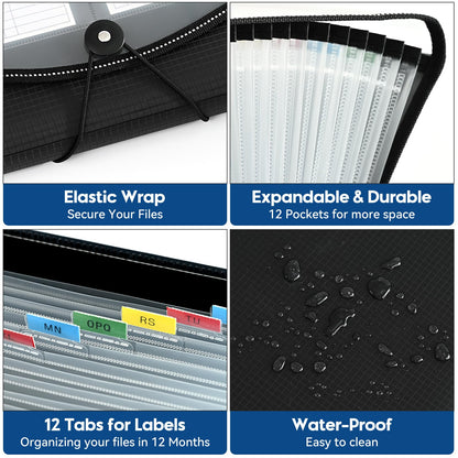 12-Pocket-Expanding File-Folder,Accordion-File-Organizer, A4/US Letter Size Paper Receipt Organizer Accordian Filing Folders (Black-T-12 Pockets)