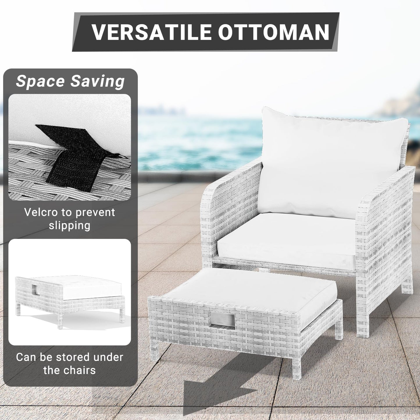 LEVELEVE Balcony Furniture 5 Piece Patio Conversation Set, PE Wicker Rattan Outdoor Lounge Chairs with Soft Cushions 2 Ottoman&Glass Table for Porch, Lawn-Grey Wicker