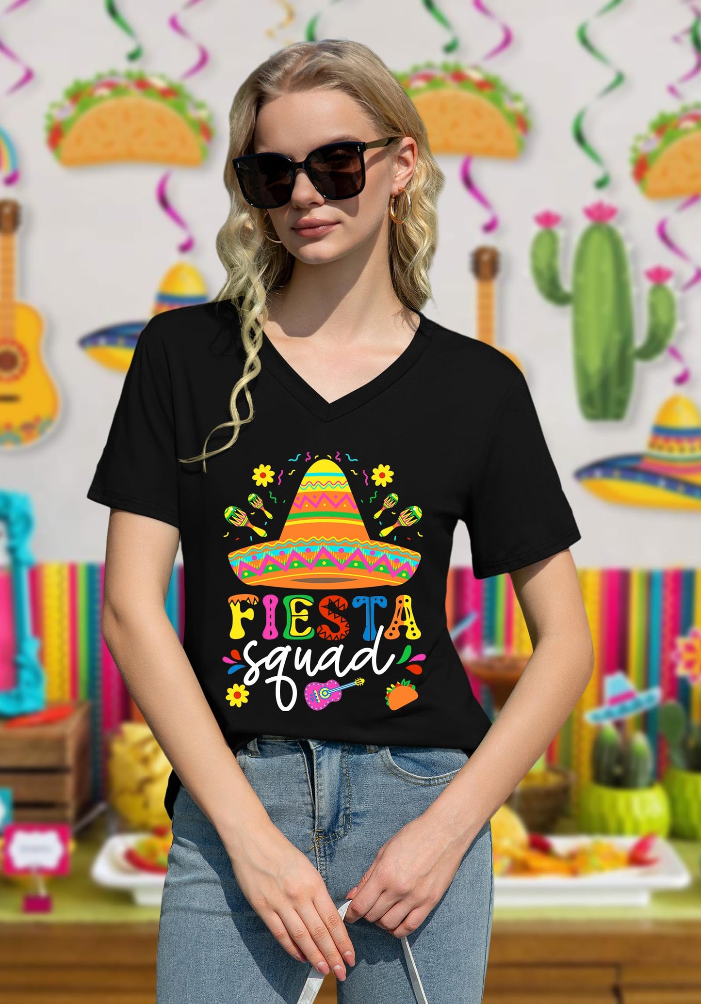 QAUN Cinco De Mayo Shirts for Women: Mexican V Neck Tshirt Let's Fiesta Tops Sombrero May 5th Tees(Black2, XX-Large)