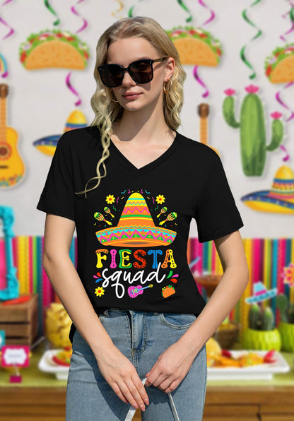 QAUN Cinco De Mayo Shirts for Women: Mexican V Neck Tshirt Let's Fiesta Tops Sombrero May 5th Tees(Black2, XX-Large)