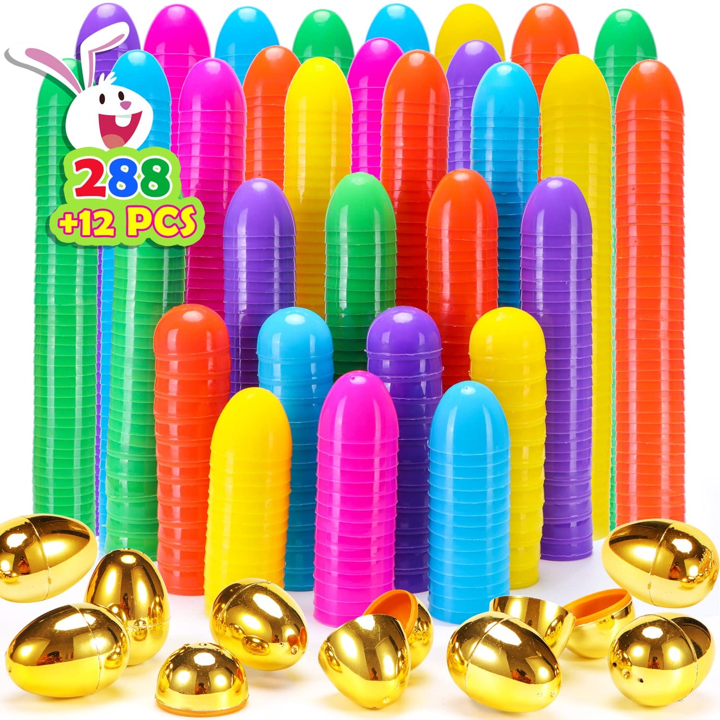 NEWBEA 288 Easter Eggs -2.36" Bright Colors Plastic Easter Eggs Empty Include 18 Golden Eggs Perfect for Eggs Hunt, Easter Basket Stuffers, Party Favors