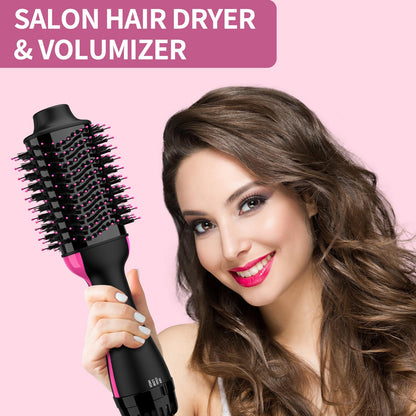 Hair Dryer and Blow Dryer Brush in One, 4 in 1 Hair Dryer and Styler Volumizer with Negative Ion Anti-frizz Ceramic Titanium Barrel Hot Air Straightener Brush 75MM Oval Shape, Black/Pink