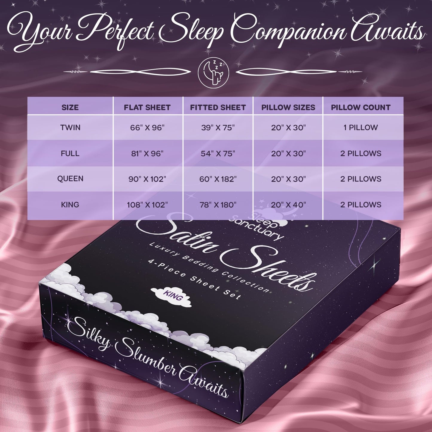 SLEEP SANCTUARY Satin Sheets King Size – 4 Piece Luxury Silky Bed Set, Softer Than Silk, 15" Deep Pocket, Cooling & Wrinkle-Free, Moisture-Wicking & Breathable for Hair & Skin (Striped Pink)