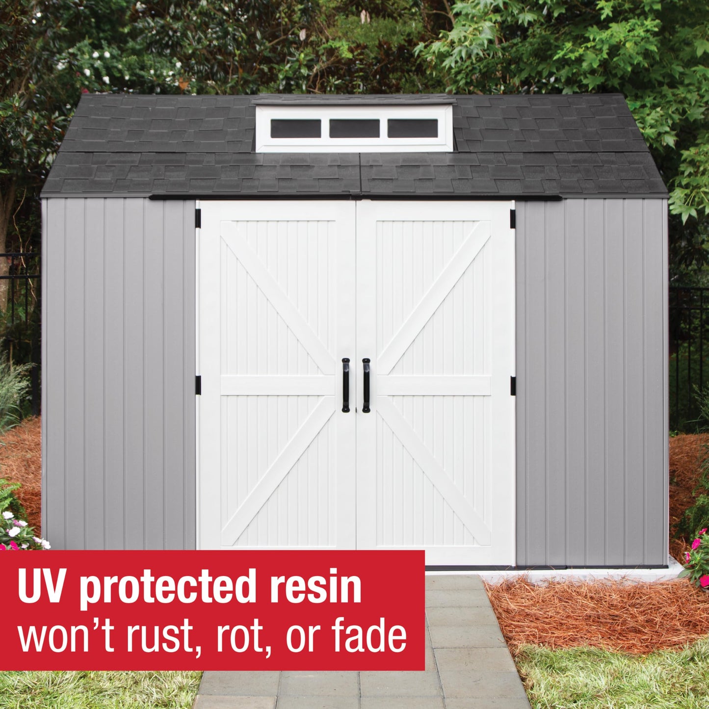 Rubbermaid Extra Large Resin Outdoor Storage Shed With Floor (7 x 10 Ft.), Weather Resistant, Brown, Organization for Home/Lawn Mower/Backyard Equipment/Bike Storage/Pool Supplies