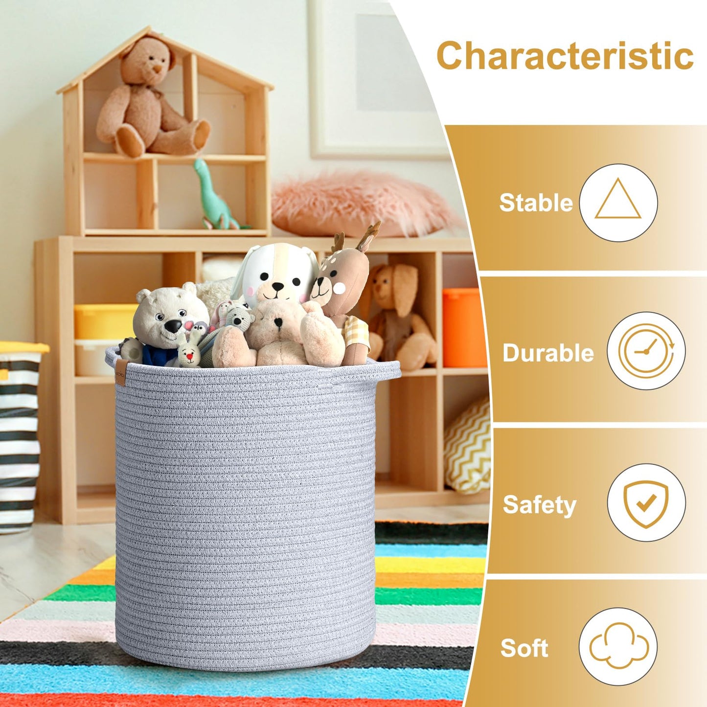 BROVIEW Woven Storage Basket, 56L Tall Laundry Baskets Hamper, 16x18 in Cotton Rope Basket for Toy, Pillows, Clothes, Blanket Basket with Handles for Living Room Bedroom Nursery Grey