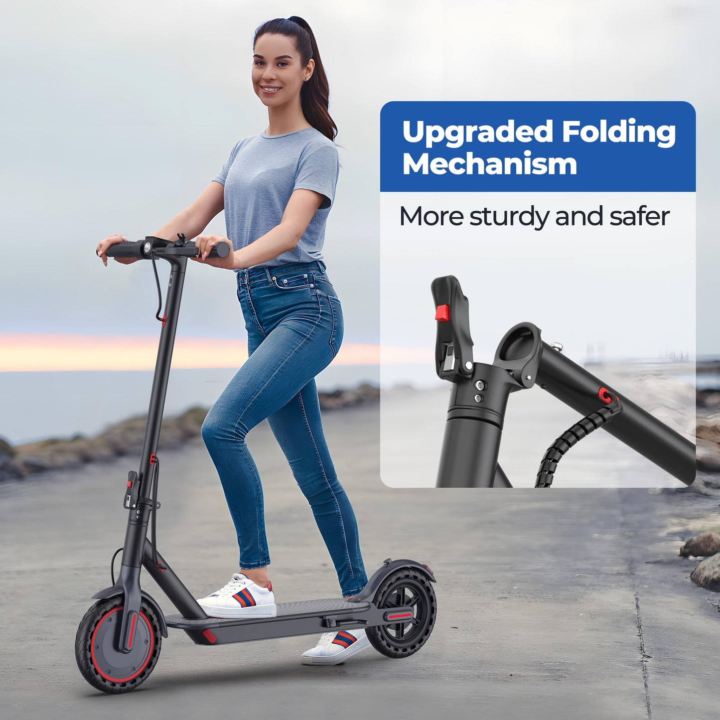 Maxshot Electric Scooter, 8.5" /10" /14" Tire, 16/19/22 Mph Top Speed, 12/16/21/27/28/49/50 Miles Long Range, Folding Escooter for Adults and Kids with Seat Bag, Dual Braking, Dual Suspension, App