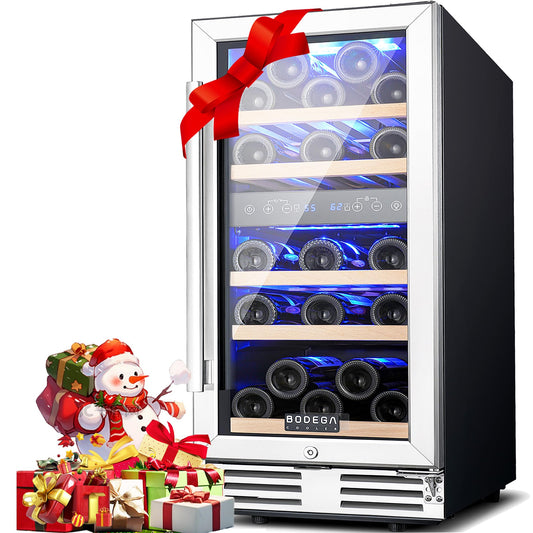 BODEGA 15 Inch Wine Cooler, Dual Zone Wine Fridge with Double-Layer Glass Door, wine cooler refrigerator with Digital Temperature Control and Temperature Memory, 30 Bottles wine cooler for home.