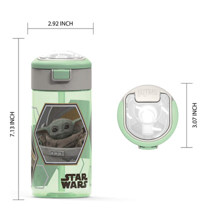 Zak Designs Star Wars The Mandalorian Durable Plastic Water Bottle with Interchangeable Lid and Built-In Carry Handle, Non-BPA, Leak-Proof Design is Perfect for Outdoor Sports (The Child, 18oz, 1PC)