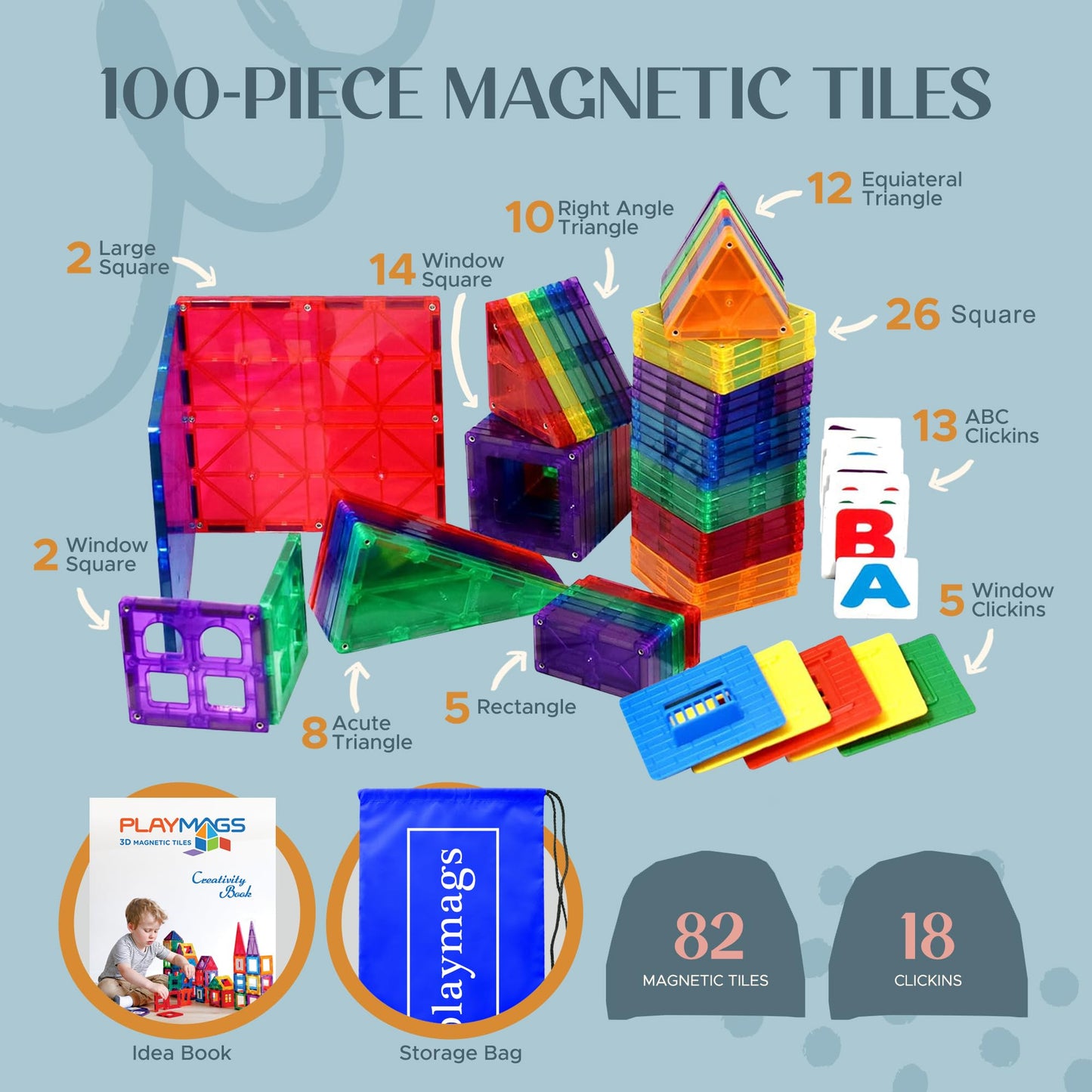 Playmags 100-Piece Magnetic Tiles Building Blocks Set, 3D Magnet Tiles for Kids Boys Girls, Educational STEM Toys for Toddlers…