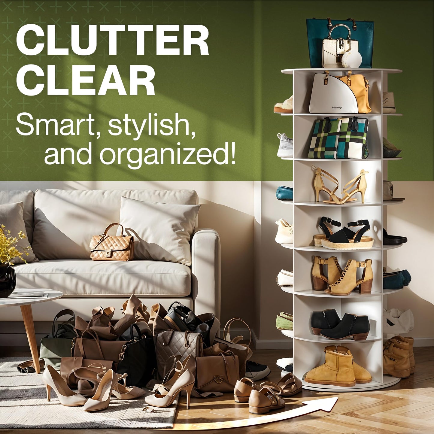 LOFT + IVY 7 Tier Rotating Shoe Rack Tower – 360° Spinning Storage Organizer, Modern Round Shoe Carousel for Closet, Entryway, Bedroom – Space Saving Rotating Lazy Susan Storage Tower