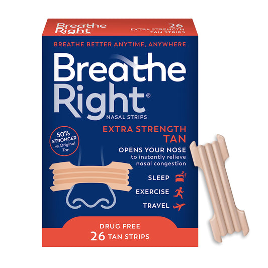 Breathe Right Nasal Strips Extra Strength Tan Nasal Strips Help Stop Snoring Drug-Free Snoring Solution & Instant Nasal Congestion Relief Caused by Colds & Allergies 26ct