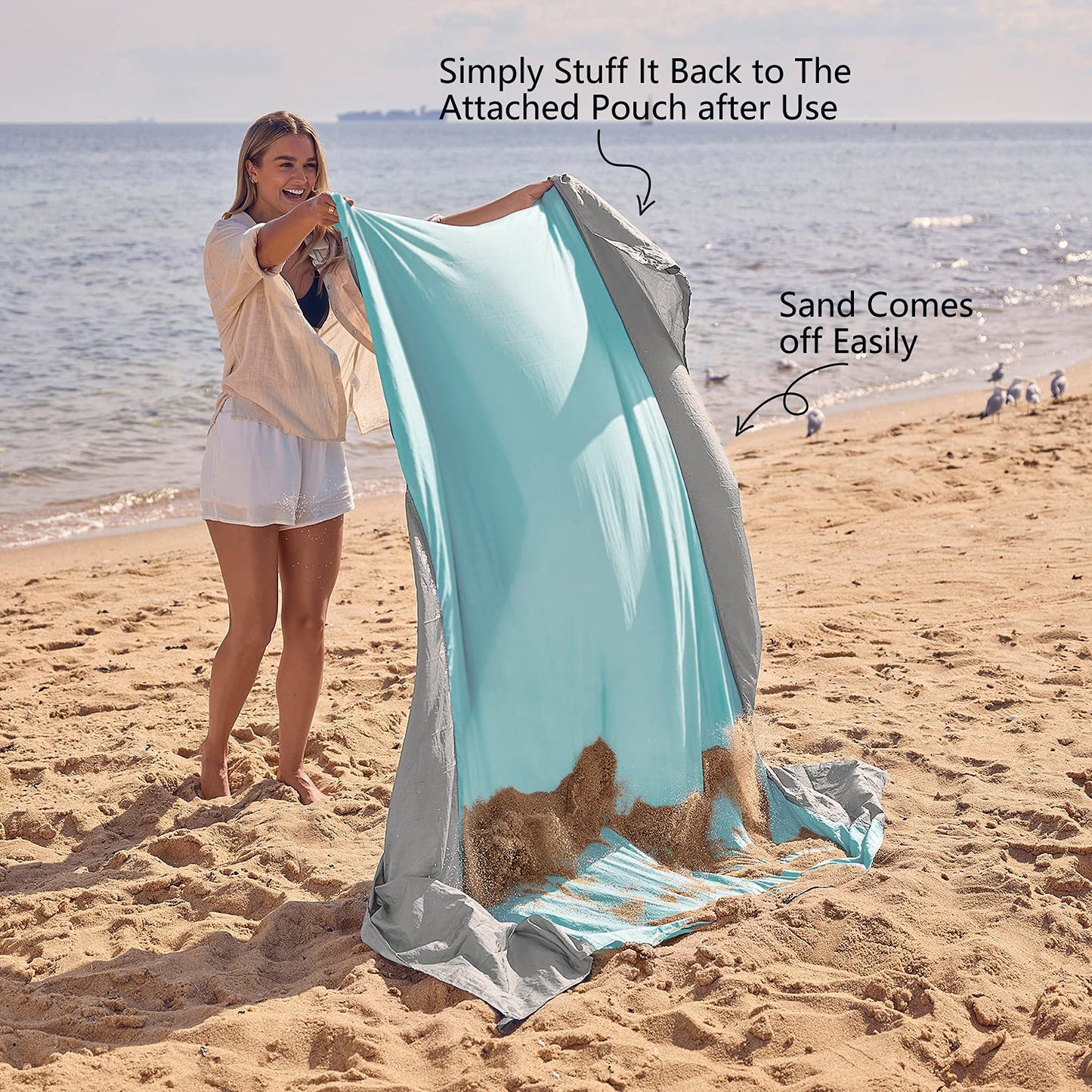 WEKAPO Beach Blanket - Sandproof Waterproof Extra Large Beach Mat | Oversized Sand-Free Lightweight Quick-Drying | Beach Vacation Essentials with Stakes & Corner Pockets (Grey, 9x10 FT)