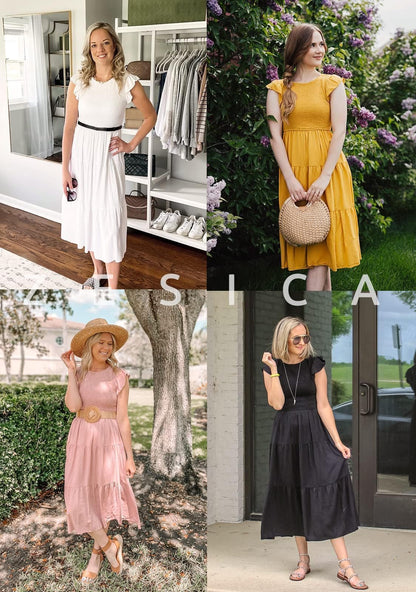 ZESICA Women's 2025 Summer Casual Flutter Short Sleeve Crew Neck Smocked Elastic Waist Tiered Midi Dress,Apricot,X-Small