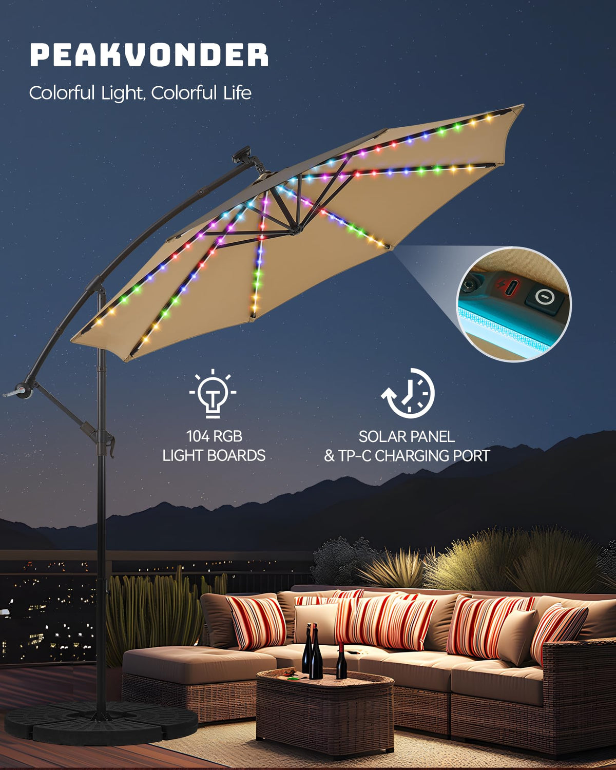 PEAKVONDER 10 ft Offset Patio Umbrella with Solar Lights, Large Cantilever Outdoor Umbrellas for Patio, Dual Charging, 200+ Light Modes, Heavy Duty, for Pool, Deck, Market, Tan HPU032TV1