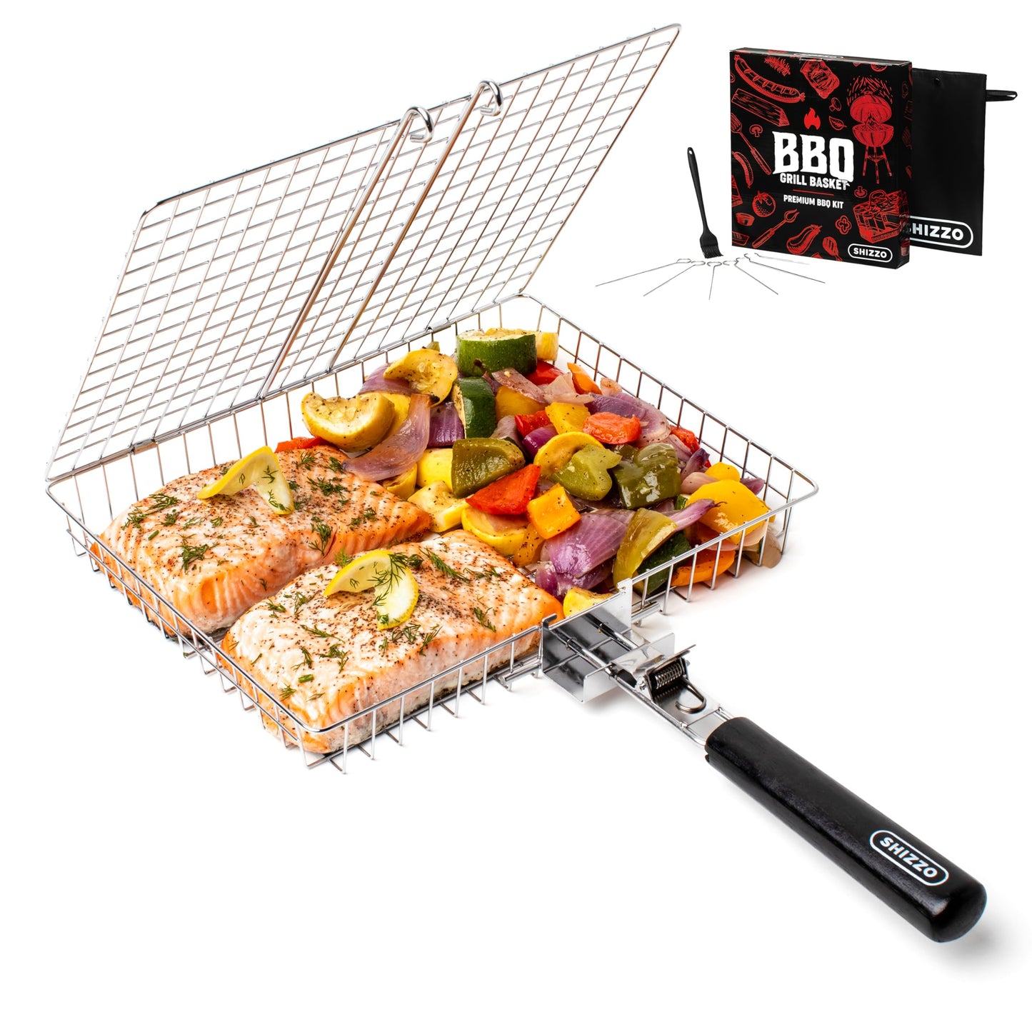 Mr. Barbecue Stainless Steel Folding Grill Basket with Brush and Heat-Resistant Glove - Portable Outdoor Camping BBQ Accessories for Chicken, Meat, Fish, Steak, Vegetables, Kabobs, Chops, Seafood