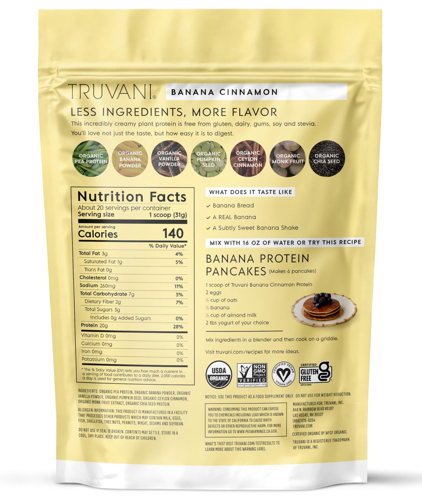 Truvani Vegan Pea Protein Powder | Banana Cinnamon | 20g Organic Plant Based Protein | 20 Servings | Keto | Gluten & Dairy Free | Low Carb | No Added Sugar