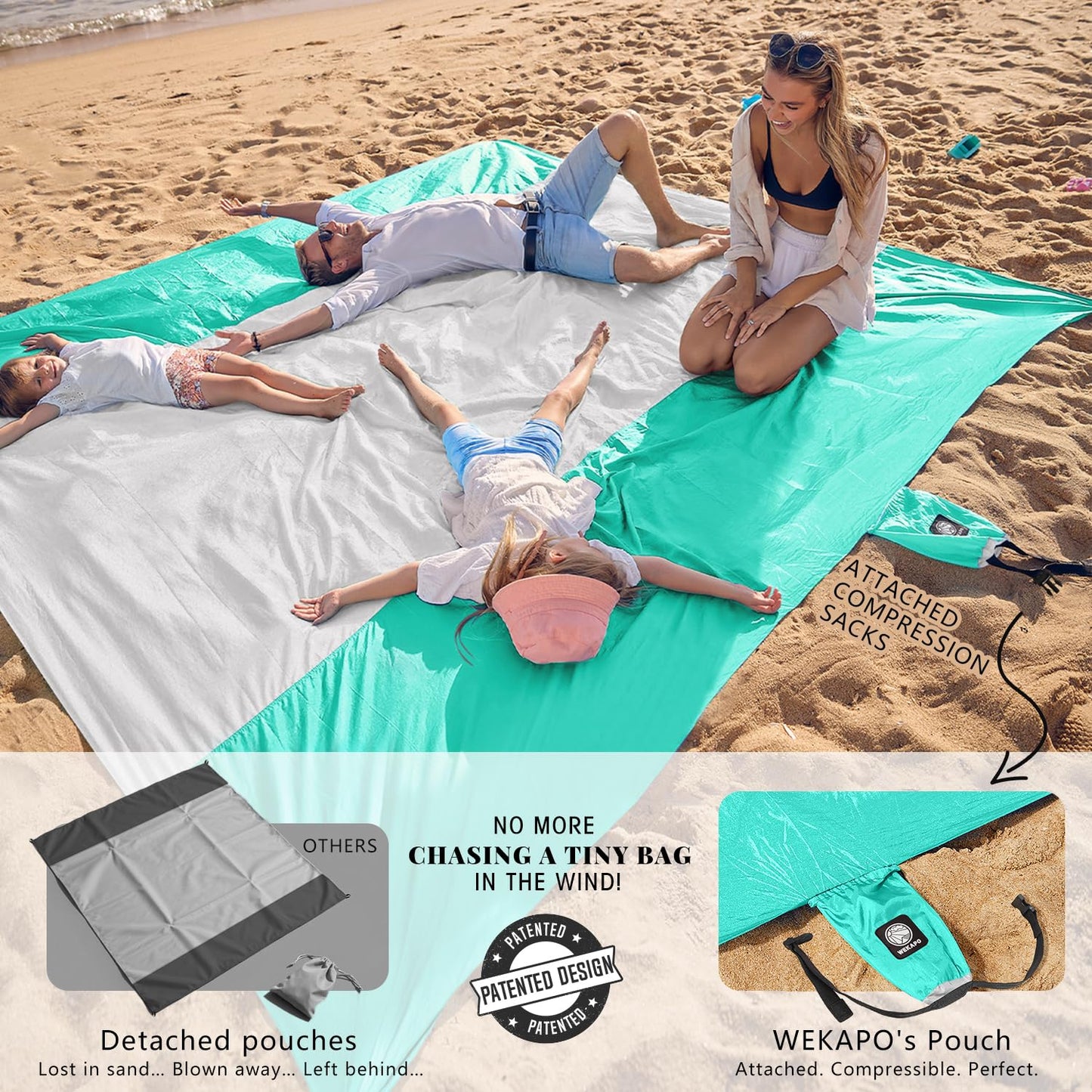 WEKAPO Beach Blanket - Sandproof Waterproof Extra Large Beach Mat | Oversized Sand-Free Lightweight Quick-Drying | Beach Vacation Essentials with Stakes & Corner Pockets (Turquoise, 9x10 FT)