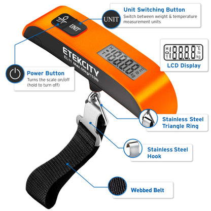 Etekcity Luggage Scale, Travel Essentials, Digital Weight Scales for Travel Accessories, Portable Handheld Scale with Temperature Sensor, Rubber Paint, 110 Pounds, Battery Included,Orange