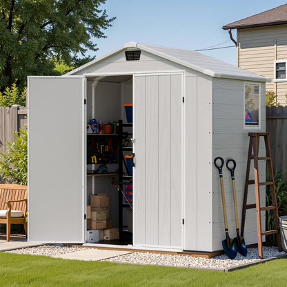 Patiowell 6 x 4 FT Plastic Outdoor Storage Shed with Floor, Resin Outside Tool Shed with Window and Lockable Door for Garden, Backyard, Tool Storage Use, Easy to Install, Light Grey