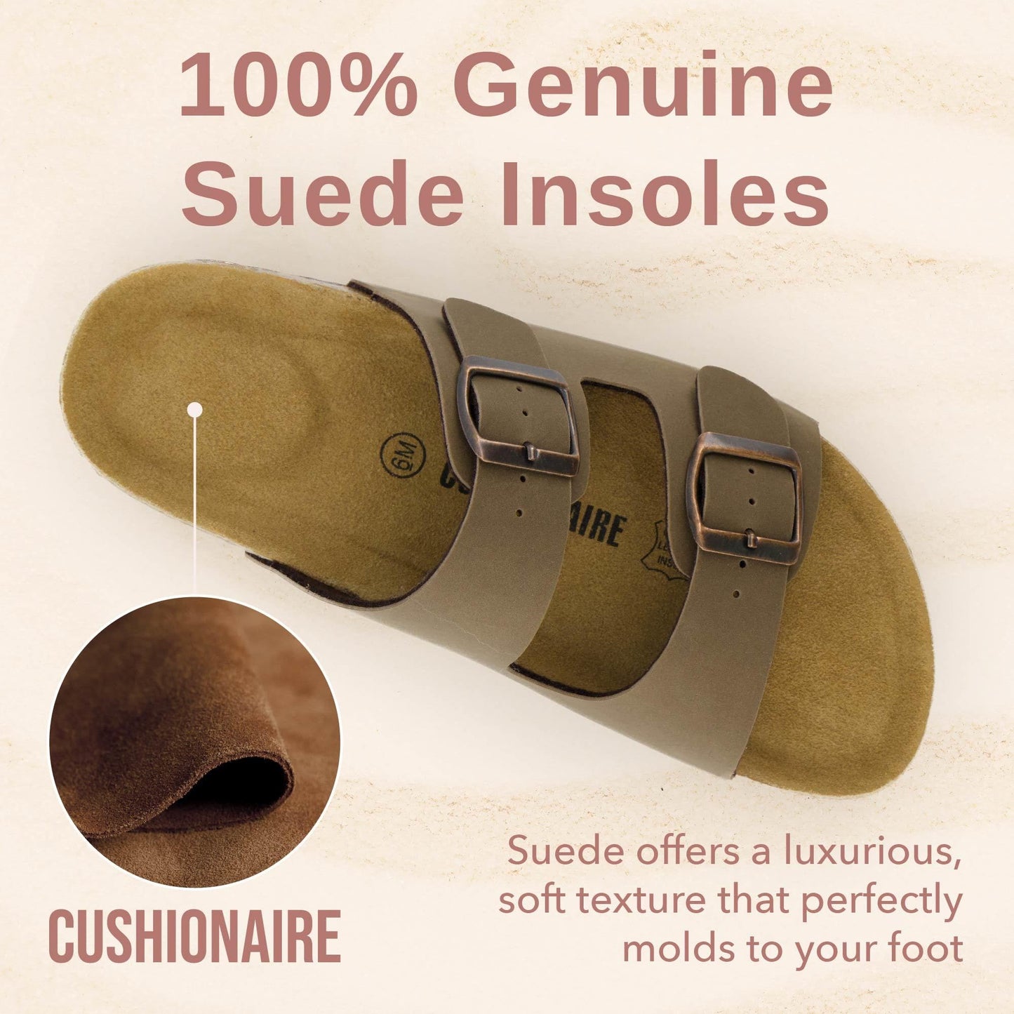 CUSHIONAIRE Lane Cork Footbed Sandals for Women – Comfortable Double Buckle Slip-On with Genuine Suede Footbed & Arch Support Slides for Women Footwear, BROWN 8