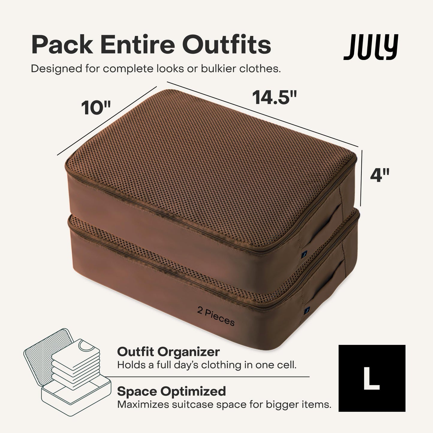 July Packing Cells - 4 Set Packing Cubes Luggage Organizer Bags (S, M, 2 x L), Must-Have Suitcase Organizer for Travel, Road Trip & Camping Accessories, Stain-proof, Washable, 3 Sizes - Dark Brown