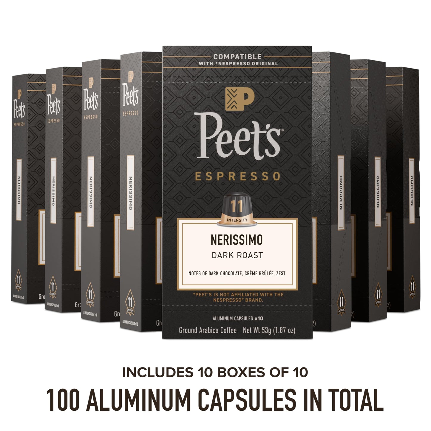Peet's Coffee, Dark Roast Espresso Capsules, Compatible with Nespresso Original Machine, 100% Arabica Coffee - Nerissimo Intensity 11, 100 Count (10 Boxes of 10 Espresso Capsules)