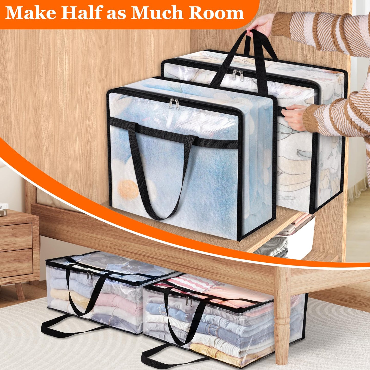 TasticTotes 8 Pack Clear Storage Bags for Comforter, Clothes & Bedding, Plastic Blanket Storage with Zipper and Handle, Moving Bags, Closet Organizer and Under-Bed Storage (90L)