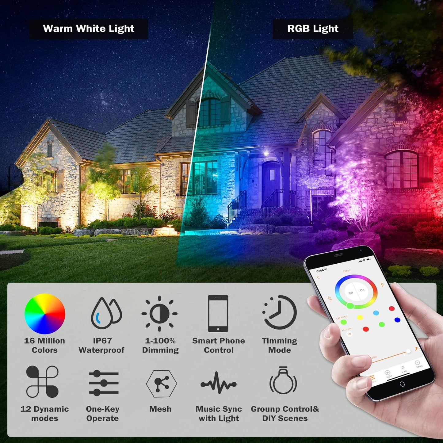 RUICAIKUN Smart Outdoor Lights,15w Halloween Lights with US Plug,12V APP Control Spotlight with Waterproof,Dimmable Spot Lights with Timer（NO Remote）