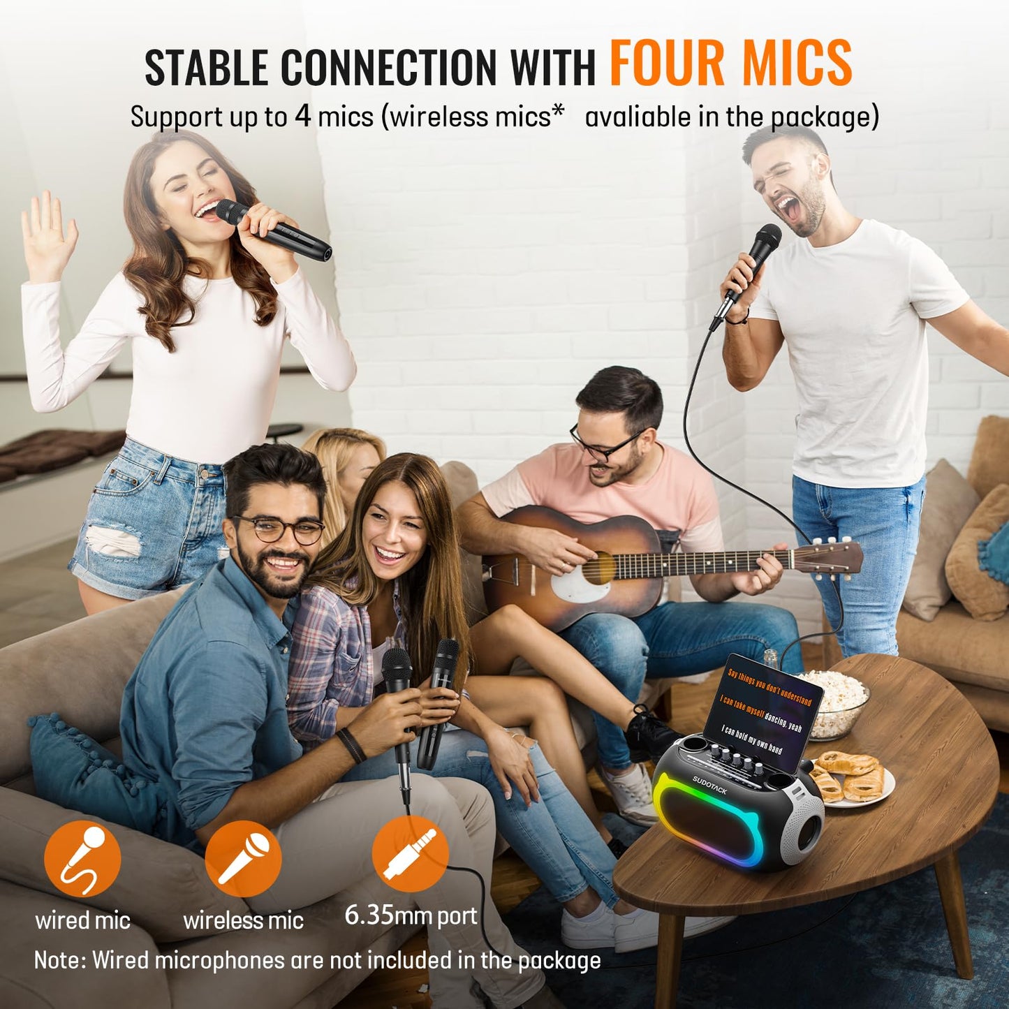 SUDOTACK Karaoke Machine for Adults Kids with 2 Wireless Microphones, Bluetooth PA Speaker System with Echo/Bass/Treble Adjustment for Home Party, Outdoor, Church, Picnic, Birthday Gifts (Space Black)