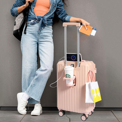 YANQIAO Carry-on Luggage with Cup Holder & USB Charging Port, Hard Side Luggage with Spinner Wheels, Lightweight Luggage for Travel, Business, School (Pink, Carry-On 20-Inch)