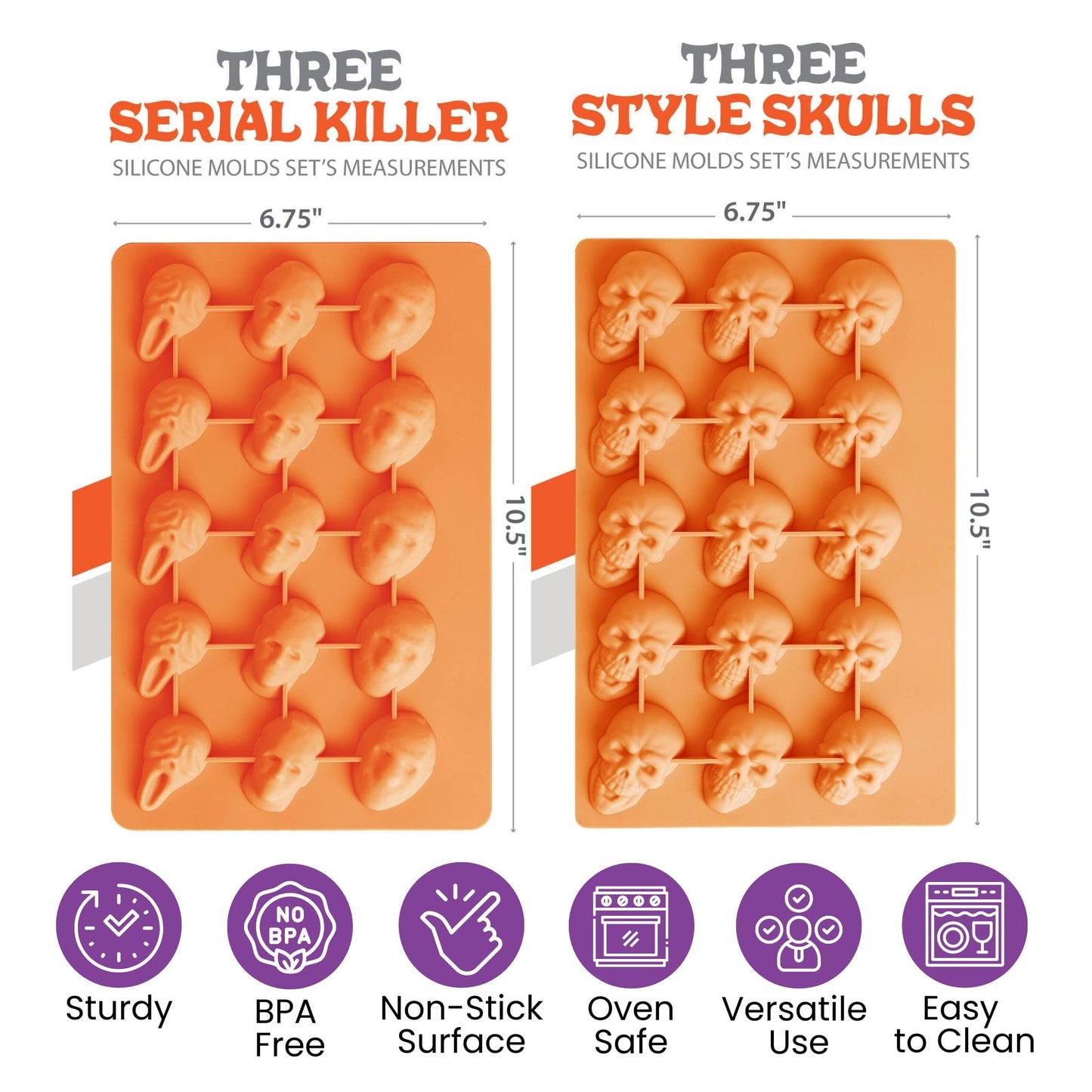 ShapedIceMolds Horror Movie Character Molds – Halloween Silicone Molds for Chocolate, Candy, Resin, Crafts – 3D Scary Film Icons for Party Treats & DIY Decor (Orange)