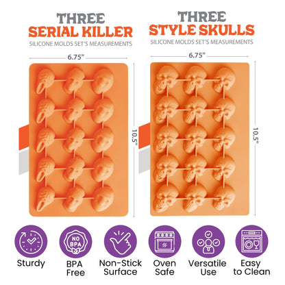 ShapedIceMolds Horror Movie Character Molds – Halloween Silicone Molds for Chocolate, Candy, Resin, Crafts – 3D Scary Film Icons for Party Treats & DIY Decor (Orange)